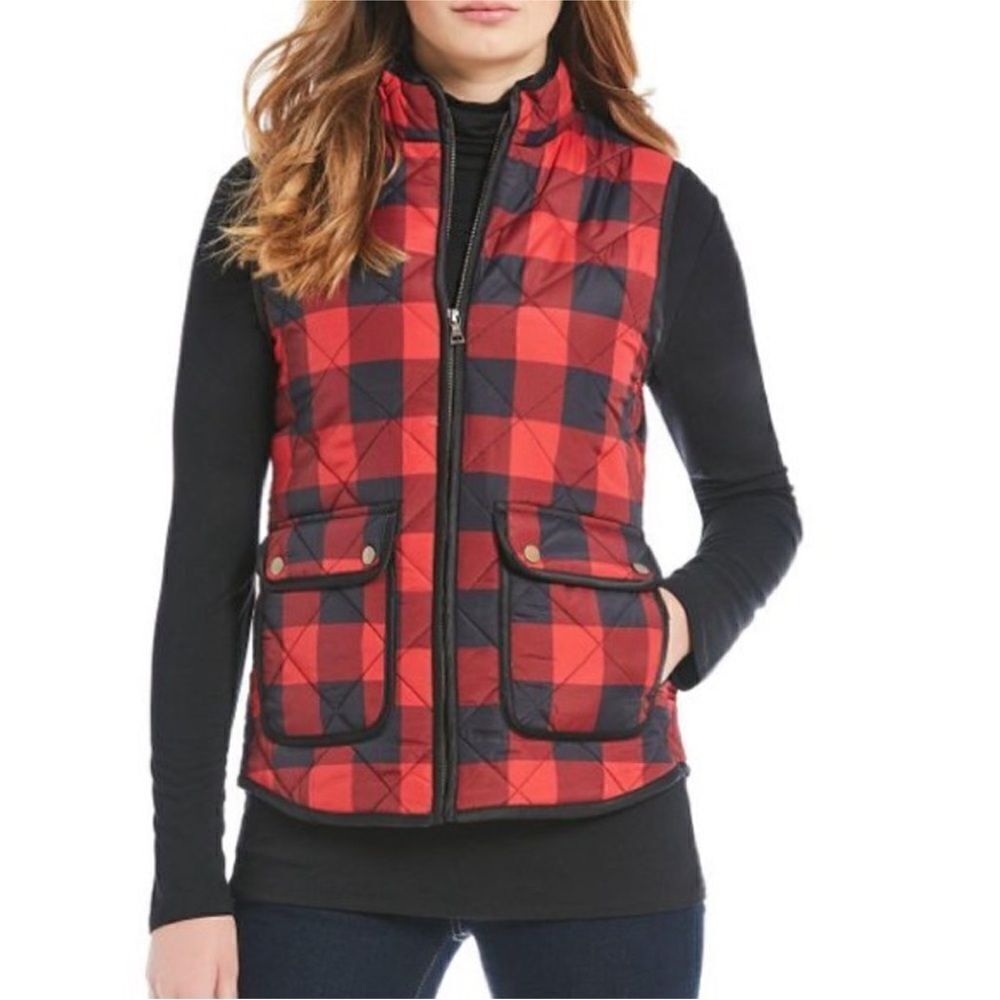 Cremieux red black buffalo plaid puffer vest holiday tartan XS